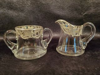 Antique Art Nouveau Clear Thick Glass W/ Silver Overlay Cream & Sugar Set