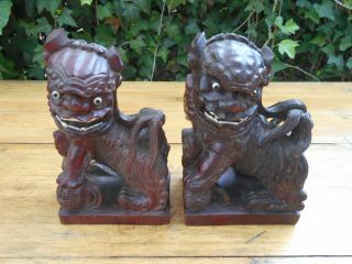 Antique Asian Hand Carved Wood Foo Dogs Bookends Glass Eyes Inlaid Teeth