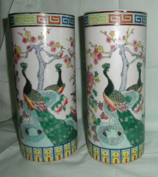 Pair Chinese Famille Rose Peacock Precious Objects Porcelain Hat Stand Vases