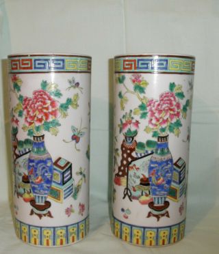 PAIR CHINESE FAMILLE ROSE PEACOCK PRECIOUS OBJECTS PORCELAIN HAT STAND VASES 2