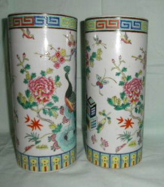 PAIR CHINESE FAMILLE ROSE PEACOCK PRECIOUS OBJECTS PORCELAIN HAT STAND VASES 3