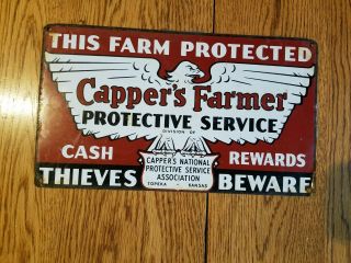 Farm Protected Thieves Beware Cappers Farmer Cash Reward Tin Sign Corn Eagle Cow