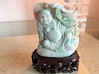 Large Jade Laughing Buddha On Carved Wooden Stand