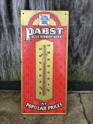 Pabst Blue Ribbon Beer Embossed Tin Thermometer Sign 1950s Vintage 20.  5 In Long