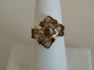 Vintage 14k Yellow Gold Diamond & Garnet Cluster Cocktail Ring Setting 4.  9 Gm