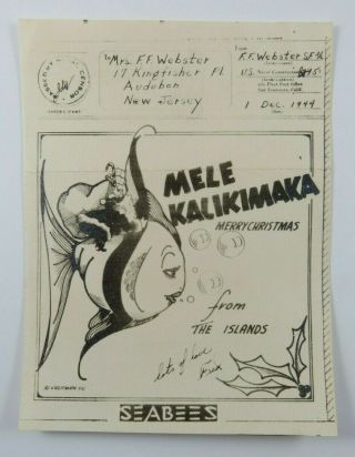 Vtg Ww2 Hawaii Illustrated Christmas V - Mail Letter Mele Kalikimaka Seabees 1944