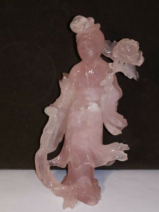 Antique Carved Chinese Natural Rose Quartz Kwan Yin Figurine Sculpture