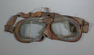 Vintage Ww2 Era Raf Leather Pilots Aviators Goggles Split Angled Glass Lenses