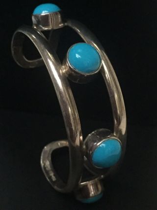 Vintage Mexican Solid 925 Sterling Silver Turquoise Cabochon Open Cuff Bracelet