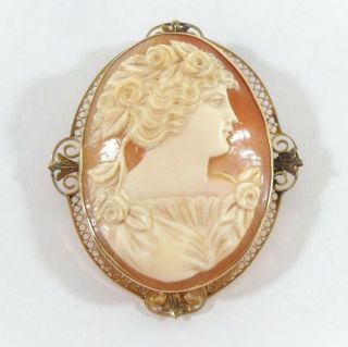 Antique Edwardian Hand Carved Pink Shell Cameo 10k Gold Brooch Pin Pendant