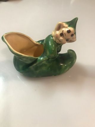 Vintage Green Glazed Ceramic Evil Elf Pixie Sprite On Shoe Slipper Planter