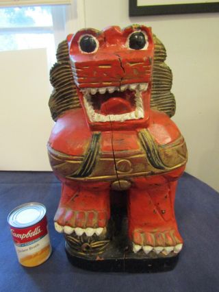 Old Antique Large Wood Hand Carved And Painted Foo Lion 25 Lbs Asian
