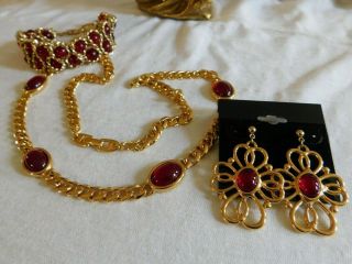 Vtg Napier Red Glass,  Gold Beaded Chain Necklace,  Bracelet And Earrings Set