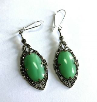 Estate Art Deco Light Green Jade Sterling Silver Earrings -