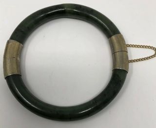 Vintage Chinese Export Gold Plate Spinach Green Jade Bangle Hinged Bracelet