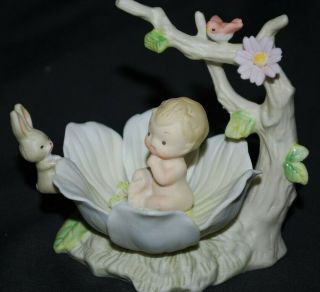 Vintage Lefton China 00343 Baby In Flower Blossom With Bunny & Bird Figurine