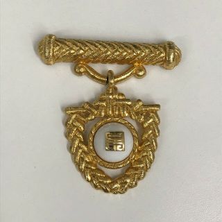 Vintage Givenchy Pin Medal Award Style Large Gold Tone Metal Logo White Enamel