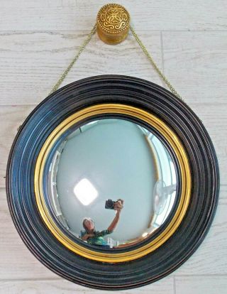 Vintage Mid Century Deep Convex Mirror Retro W/ Chain Gilt Knob Wall Bracket