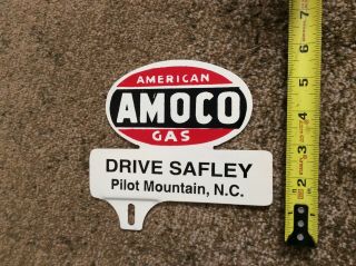 Vintage Amoco Gas Metal License Plate Topper Gas Oil Sign Pilot Mountain N.  C.