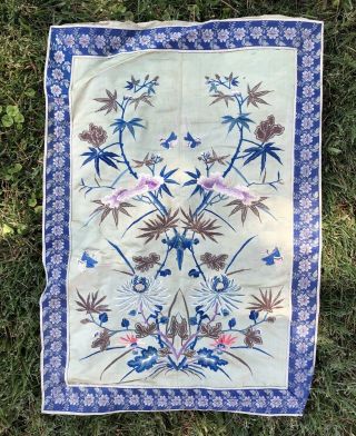 Antique Chinese Silk Embroidered Embroidery Bird Flowers Tapestry Art 24” X 17”