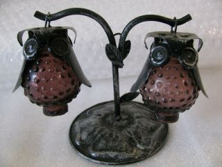 Vintage Hanging Glass Owls With Metal Stand Salt And Pepper Shakers Hobnail