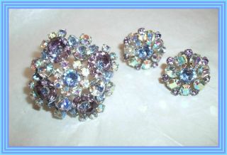 Sherman Alexandrite Lilac & Yellow Ab - 3 Color Domed Floral Cluster Brooch Set