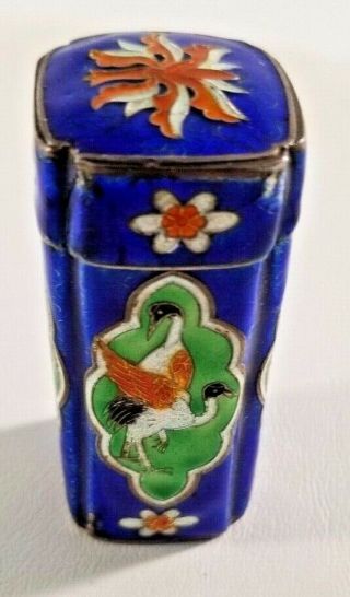 Antique Blue Cloisonne Silver Hand Painted Trinket Box With Lid