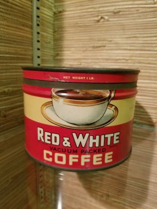 Vintage Red & White Brand Coffee Tin Can 1 Lb Key Wind Kw Chicago Il Cup Litho