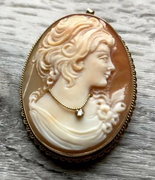Vintage 14k Yellow Gold Carved Shell Cameo Diamond Pendant Brooch Pin