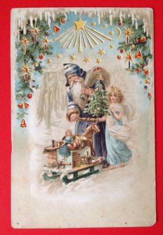 Vintage Hold - To - Light Santa Postcard - Santa And Angel With Sled Full Of Toys
