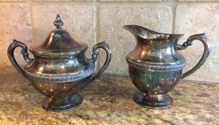 Antique Lehman Brothers Silver On Copper Pedestal Creamer & Sugar Bowl With Lid