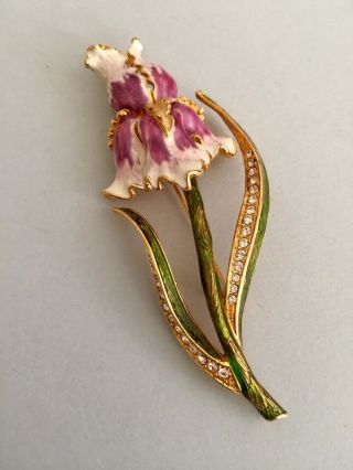Bob Mackie Huge Purple White Enamel Rhinestone Iris Flower Gold Tone Brooch Pin