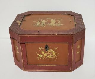 19th C Antique Chinese Gilt Red Lacquer Tea Caddy Box W Engraved Pewter Inserts