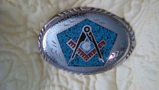 Vintage Masonic Belt Buckle ; Chrome With Turquoise Inlay Square & Compass