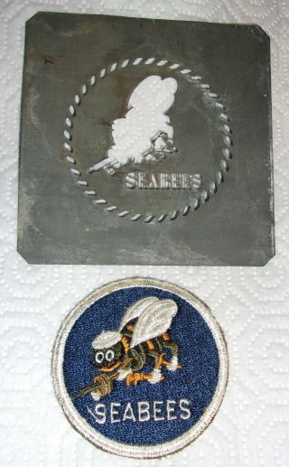 Wwii Era Seabees Us Navy Usn Embroidered Uniform Patch & Brass Stencil