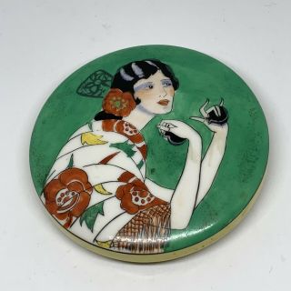 Antique Noritake Deco Porcelain Compact Powder Puff Box W/ Geisha Woman Lady