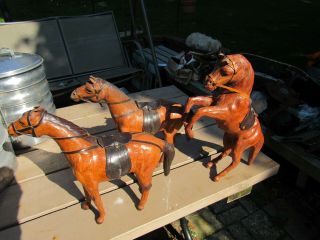 Vintage (3) Leather Horse Glass Eyes Figurines Statue Large 12 " And 15 " Tall