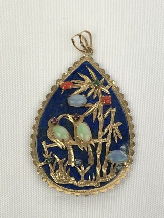 Vintage 14kt 585 Gold Lapis Lazuli W Gemstones Chinese Birds Necklace Pendant