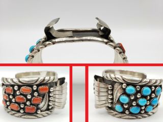 Vintage Southwest Style Sterling Silver W/ Turquoise & Red Coral Wristwatch Cuff