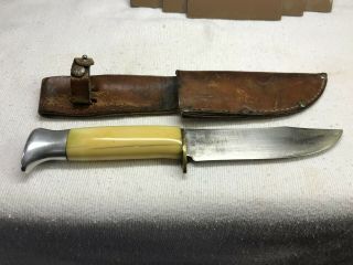 Wwii U.  S.  Custom Theater Made Fighting Knife Bone Handle W/ Leather Scabbard