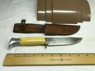 WWII U.  S.  Custom Theater Made Fighting Knife Bone Handle w/ Leather Scabbard 2