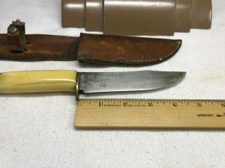 WWII U.  S.  Custom Theater Made Fighting Knife Bone Handle w/ Leather Scabbard 3