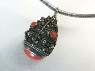 Vtg 800 Silver Etruscan Real Coral Fob Charm Pendant Necklace Franconeri Italy