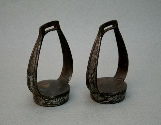 Pair Antique Silver Inlaid Iron Horse Stirrups Islamic Ottoman ? Middle Eastern