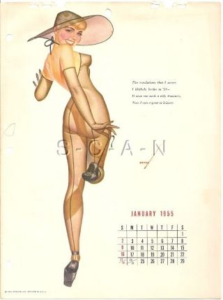 Org Vintage Risque Pinup Calendar - George Petty - Ballerina - Body Suit - Jan 1955