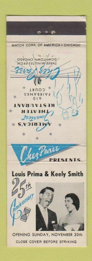 Matchbook Cover - Chez Paree Chicago Il Louis Prima Keely Smith Singer