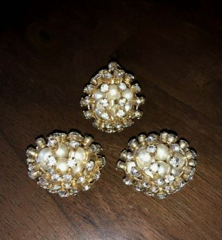 Vintage Clip On Earrings & Pendant Faux Pearls / Rhinestones Kramer Of York