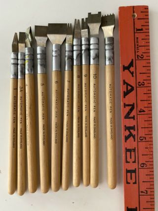 Set Of 10 Vintage“automatic Pen” Calligraphy Pens Wooden Handles Made In England