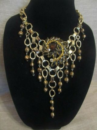 Vintage Amber Rhinestone Medallion Statement Necklace - Repurposed Ooak