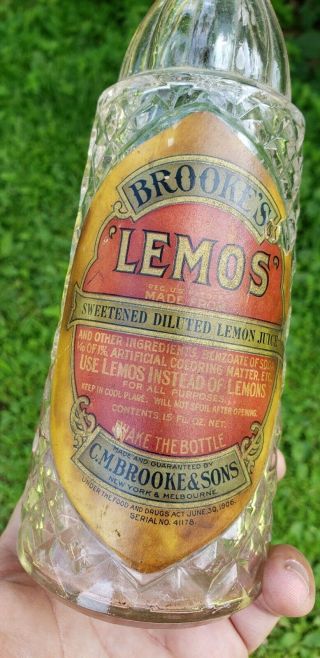 Antique Vintage Brookes Lemos Bottle With Label 1906